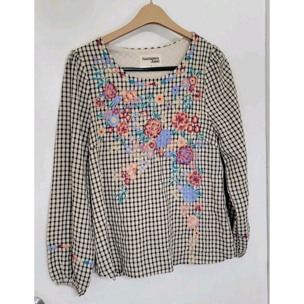 Savanna Jane Boho Top Gingham Floral‎ Embroidered Long Sleeved Blouse Size Small